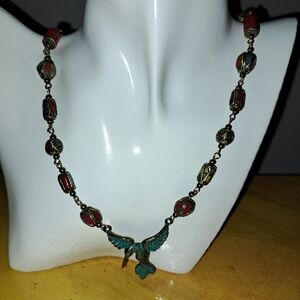 Handcrafted Patina Hummingbird & Tibetan Bead Pendant Necklace with Earrings.